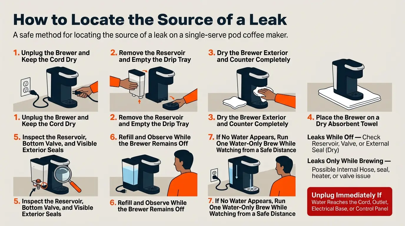 A step-by-step guide showing how to unplug, dry, inspect, observe, and test a leaking pod coffee maker safely.
