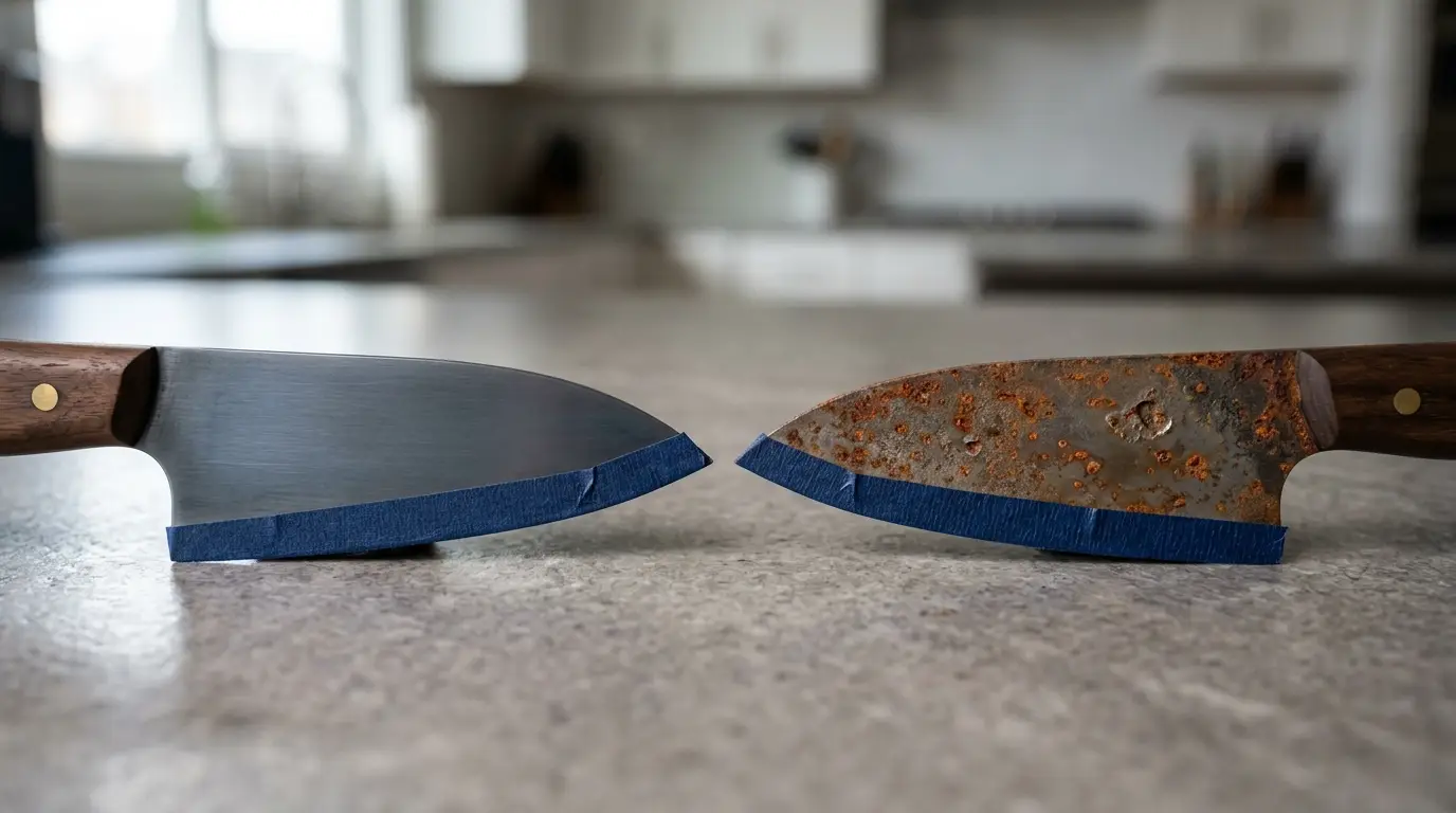 Two carbon steel knife blades compared side by side, with one showing a smooth gray-blue patina and the other rough orange rust.
