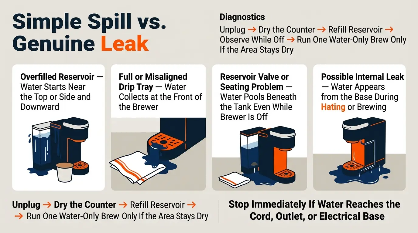A comparison guide showing reservoir overflow, drip-tray overflow, reservoir valve leaks, and water escaping from inside the brewer.