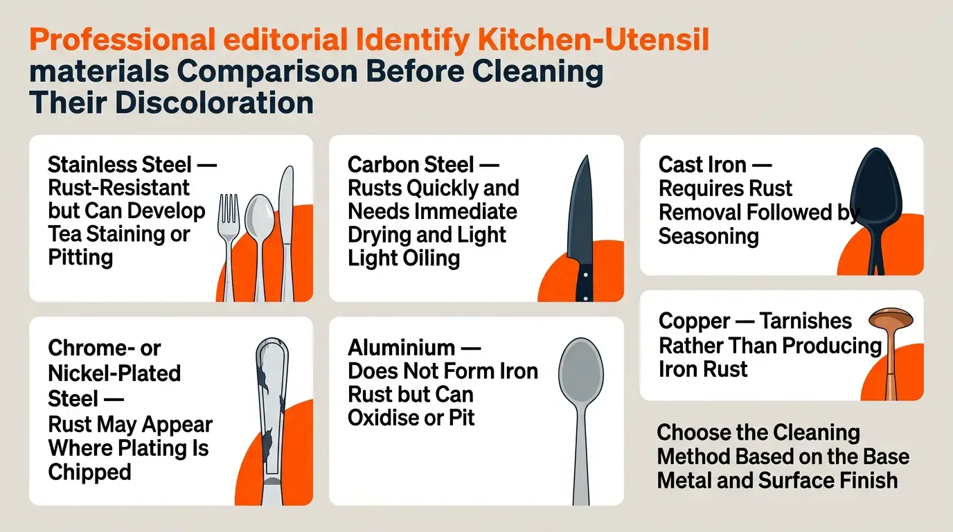 A material-identification guide comparing stainless steel, carbon steel, cast iron, plated utensils, aluminium, and copper.