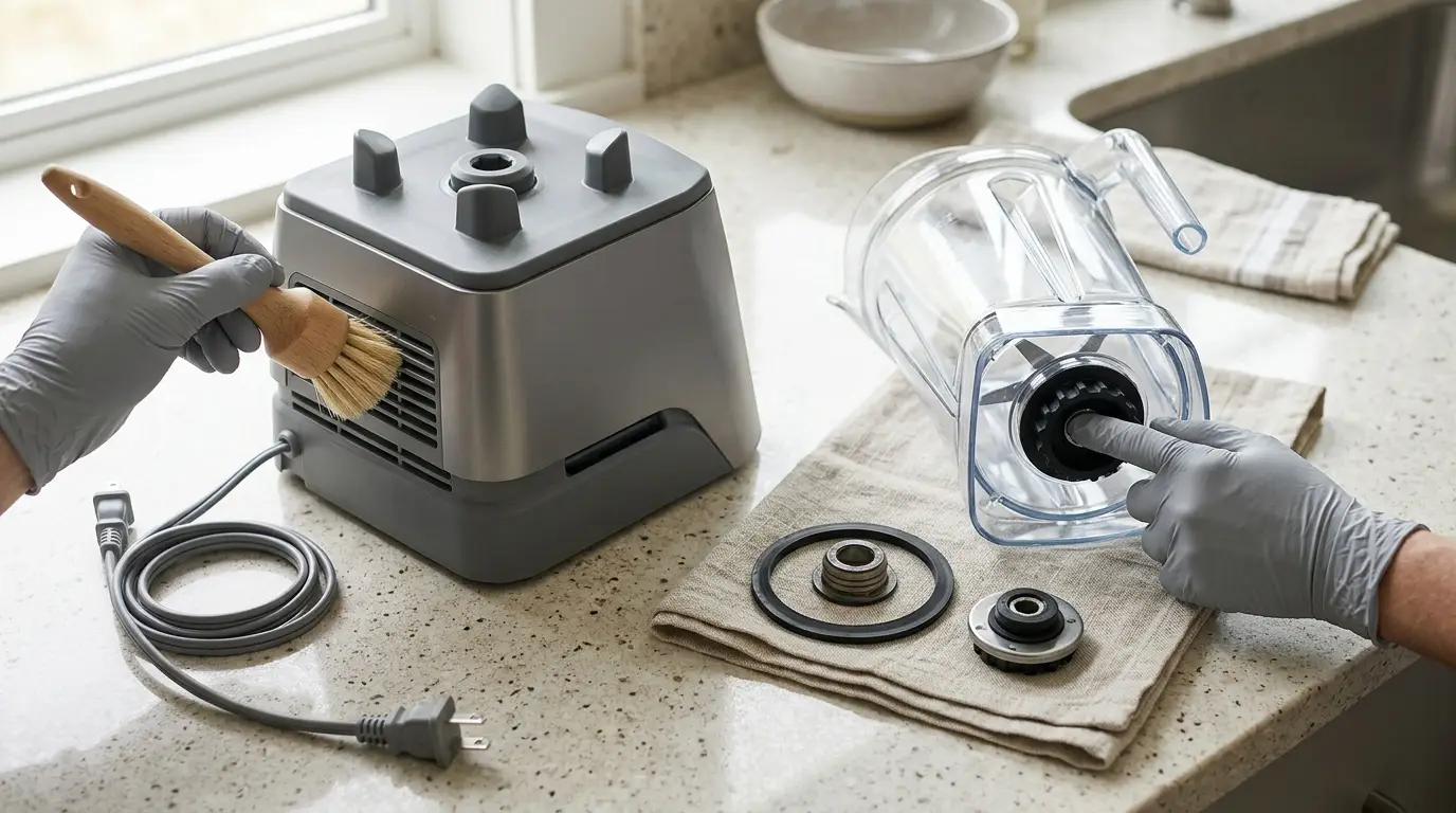 An unplugged blender base and removed jar being checked for blocked vents, worn coupler, rough blade movement, and damaged seals.