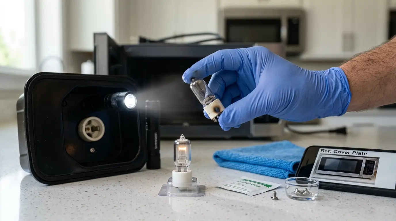 A removed microwave appliance bulb being compared with a matching replacement while the visible socket is checked for darkening or heat damage.