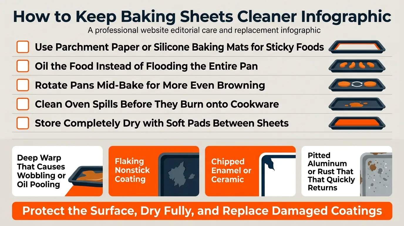A care checklist showing parchment use, controlled oiling, rotation, dry storage, and replacement signs such as warping, pitting, rust, and flaking coatings.