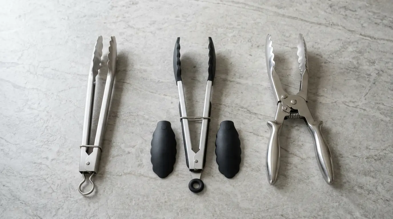 One-piece stainless steel tongs, removable silicone-tip tongs, and deep-scalloped tongs arranged for a cleaning comparison.
