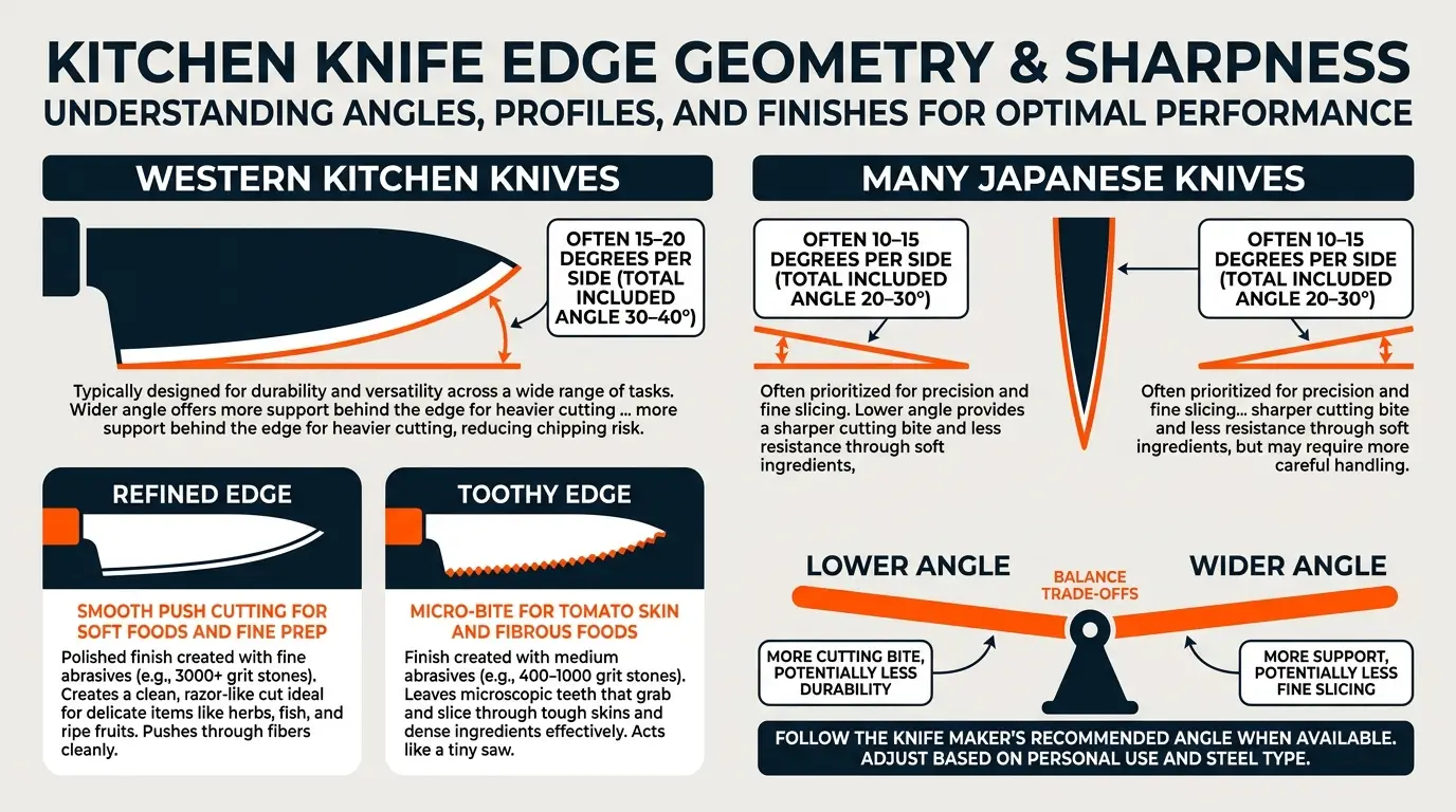 An infographic comparing common Western and Japanese knife-edge angles, polished and toothy finishes, and edge durability.