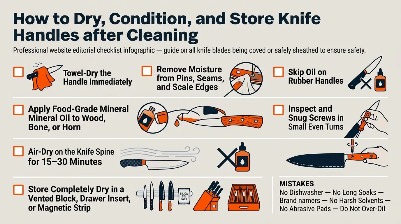 A care checklist showing towel drying, seam drying, upright air-drying, mineral-oil conditioning, screw inspection, and dry storage.