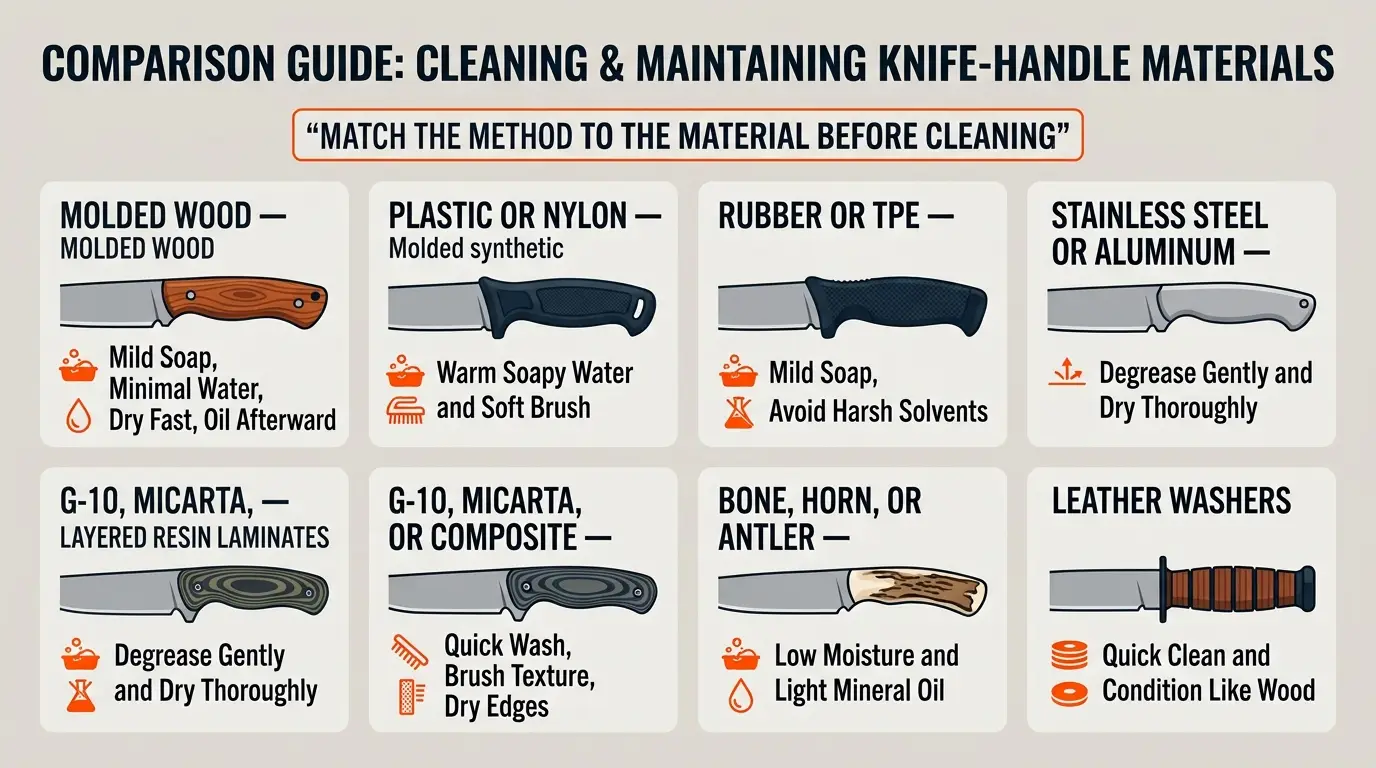 A comparison of wood, plastic, rubber, metal, composite, bone, horn, and leather knife handles with suitable care methods.