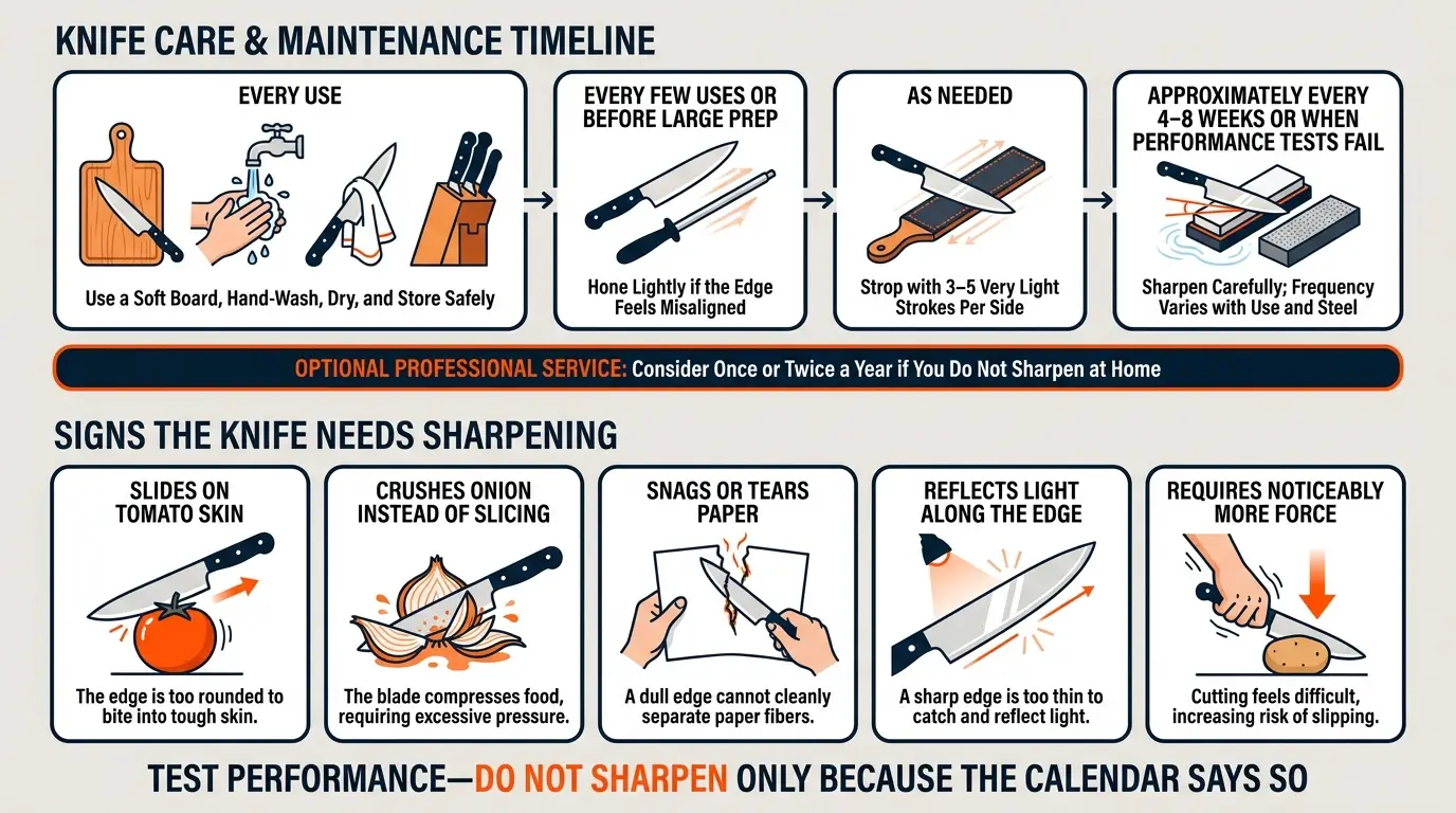 A knife-care schedule showing daily protection, regular honing, occasional stropping, periodic sharpening, and signs of a dull edge.