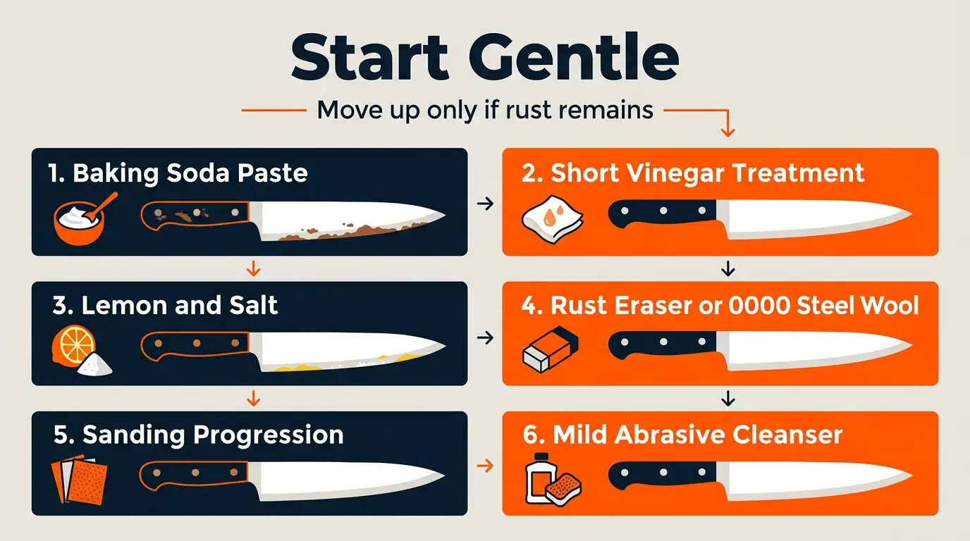 Step-by-step infographic showing baking soda, vinegar, lemon and salt, rust eraser, sanding, and mild cleanser methods for knife rust removal.