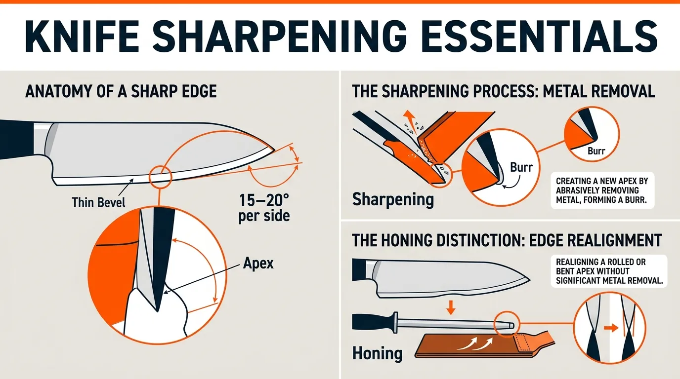 Knife sharpening infographic showing a consistent 15 to 20 degree angle, bevel, apex, and burr formation