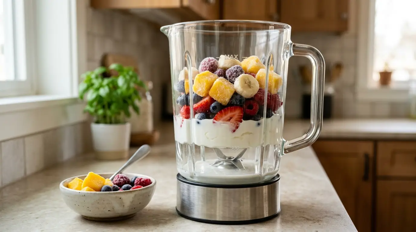A blender jar loaded with liquid at the bottom, soft ingredients in the middle, and frozen pieces on top at a safe batch level.
