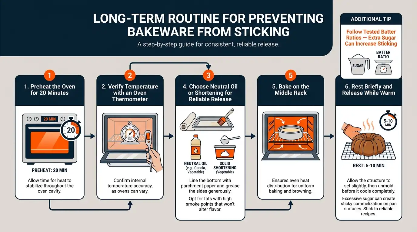 A six-step baking routine showing oven preheating, pan preparation, suitable release fat, middle-rack baking, correct batter ratios, and warm release.