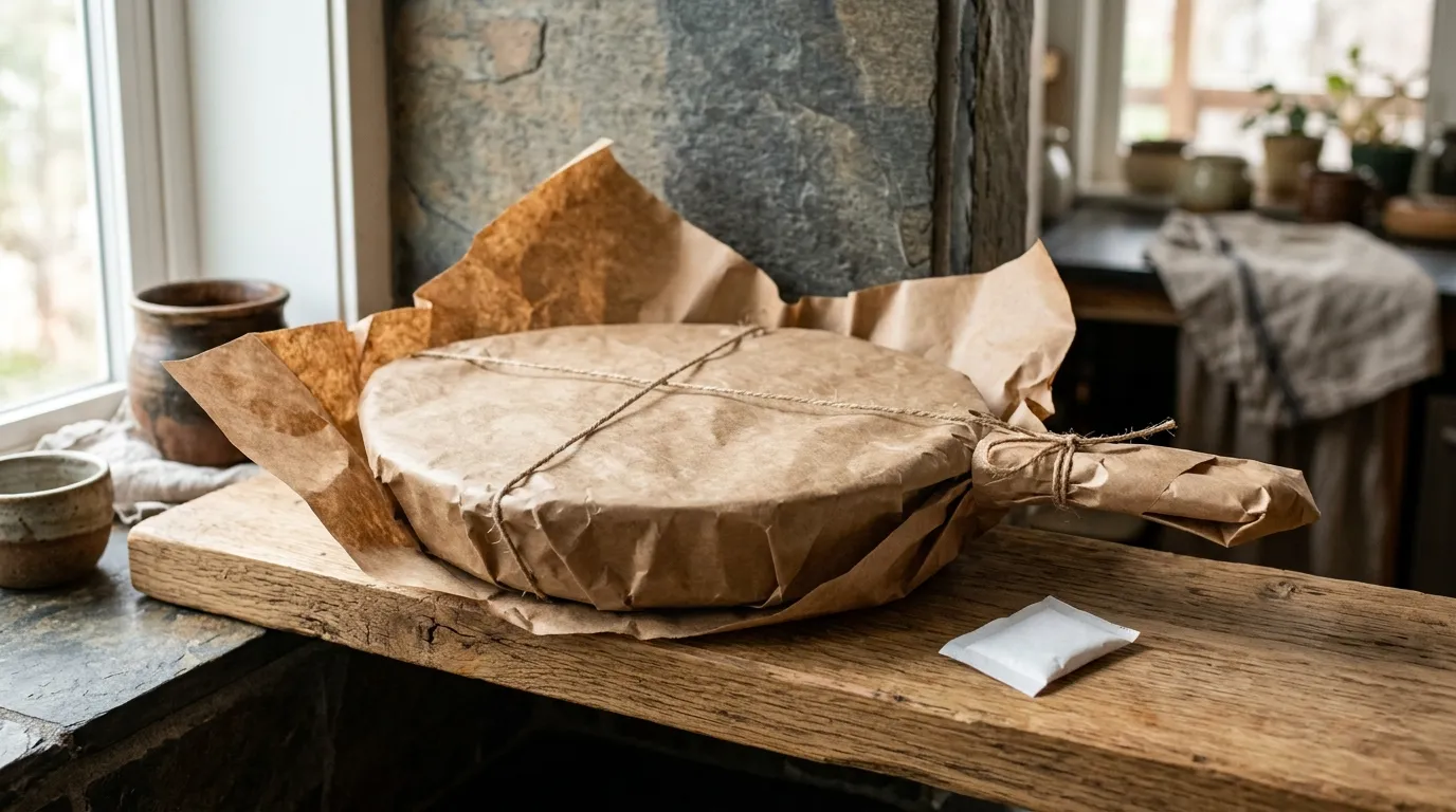 Cast iron skillet wrapped in breathable paper with a light oil coating and moisture protection for long-term storage