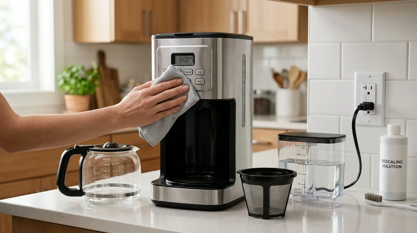 A programmable coffee maker being cleaned with its carafe, filter basket, and reservoir removed beside a surge-protected outlet.