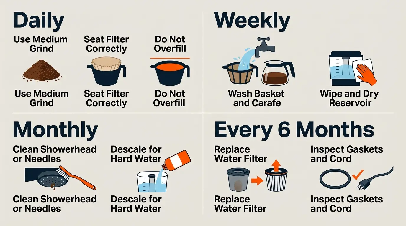 Maintenance schedule showing weekly, monthly, six-month, and daily care tasks that help keep a coffee maker brewing quickly.