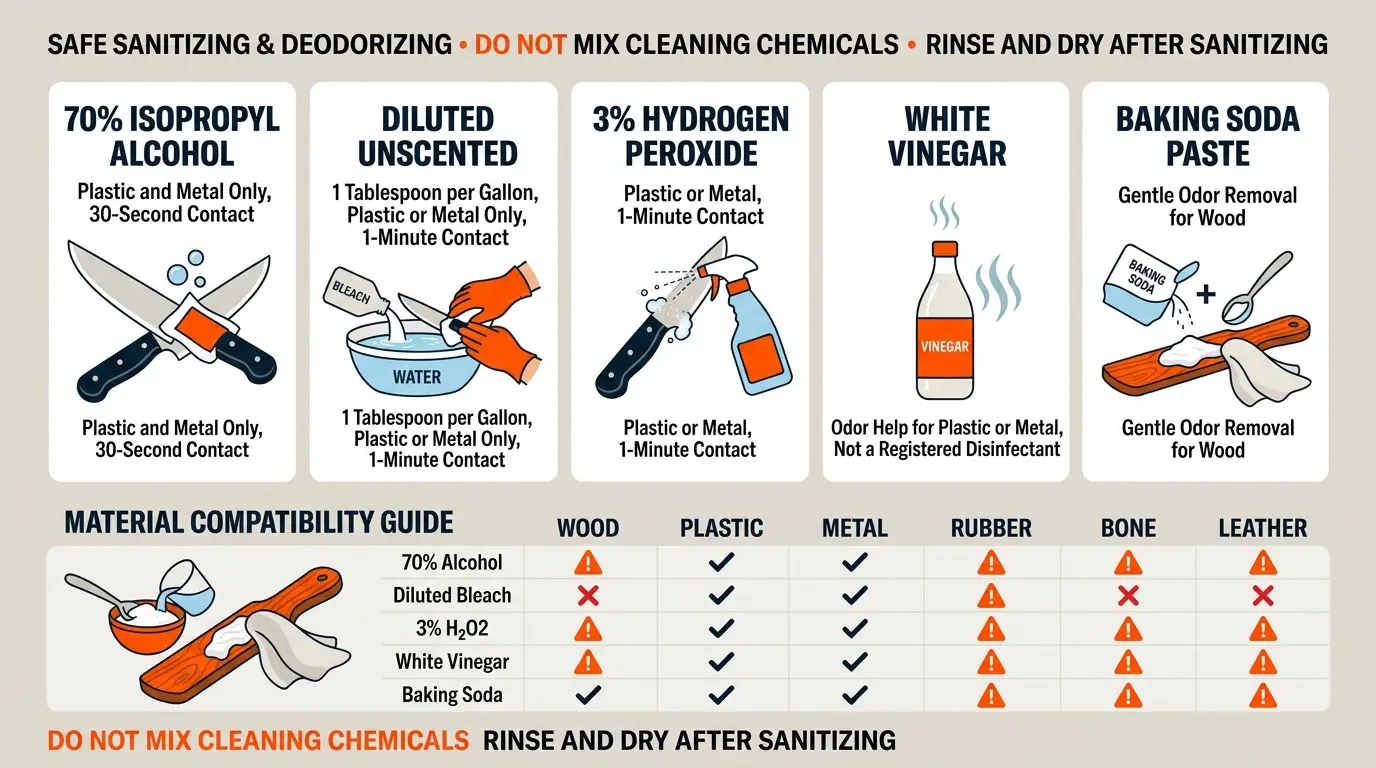 A guide showing appropriate use of isopropyl alcohol, diluted bleach, hydrogen peroxide, vinegar, and baking soda on different knife handles.