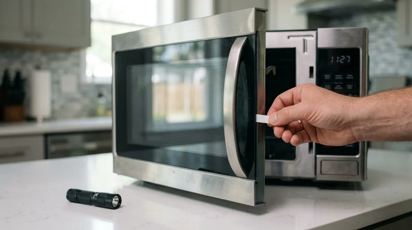 Microwave door showing common latch, alignment, seal, and hinge problems during visual inspection