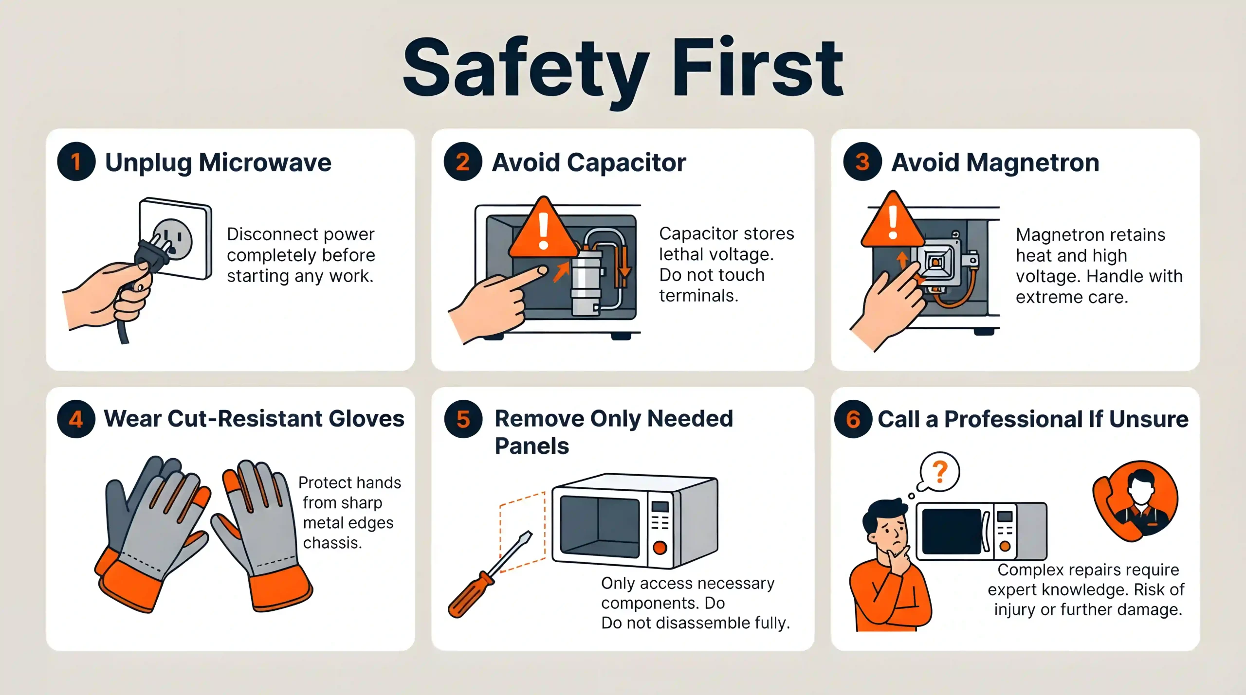 Safety infographic showing important precautions before accessing microwave turntable components.