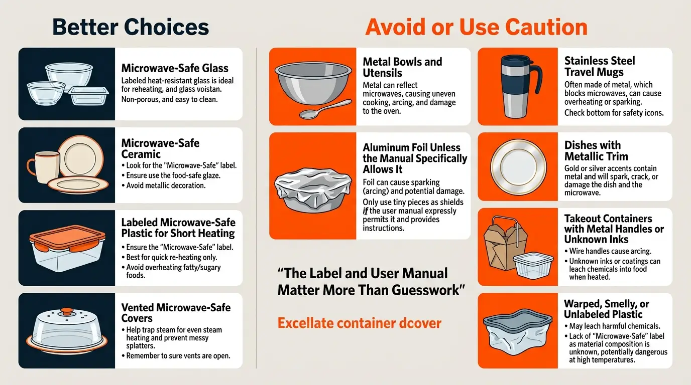 A comparison of microwave-safe glass, ceramic, labeled plastic, metal, foil, travel mugs, and takeout containers.
