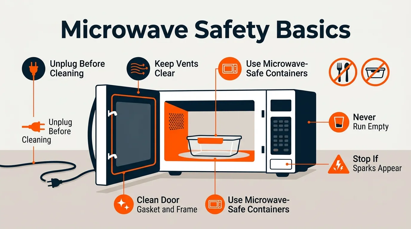 Microwave safety setup showing an unplugged appliance, clear vents, clean door seal, and microwave-safe cookware