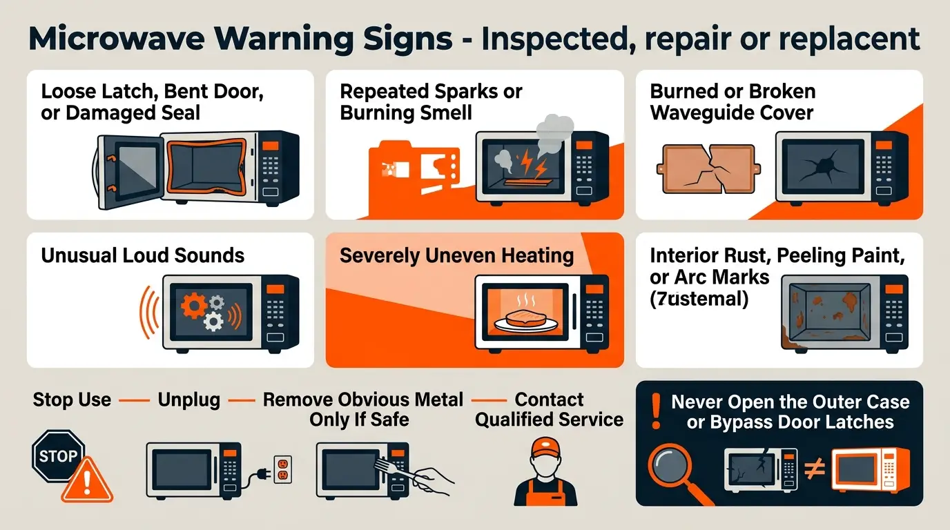A troubleshooting guide showing door damage, sparks, burning smells, loud sounds, uneven heating, rust, and damaged waveguide covers.