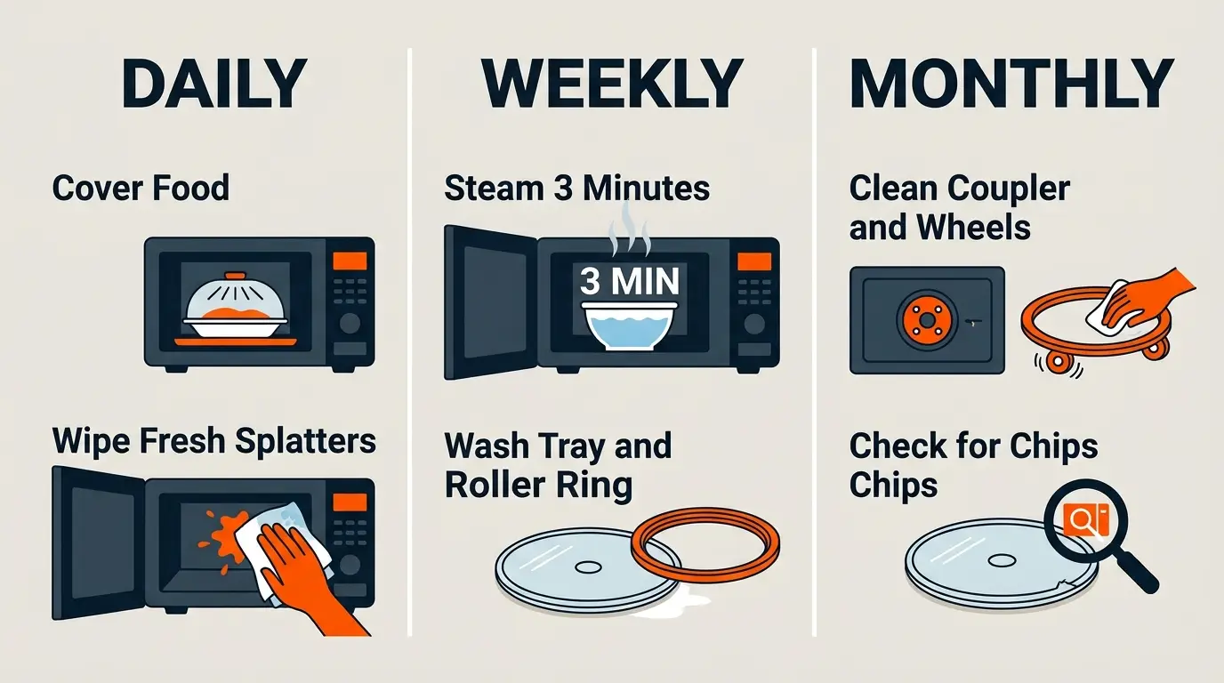 Maintenance schedule showing daily, weekly, and monthly habits for keeping a microwave tray clean and properly aligned.