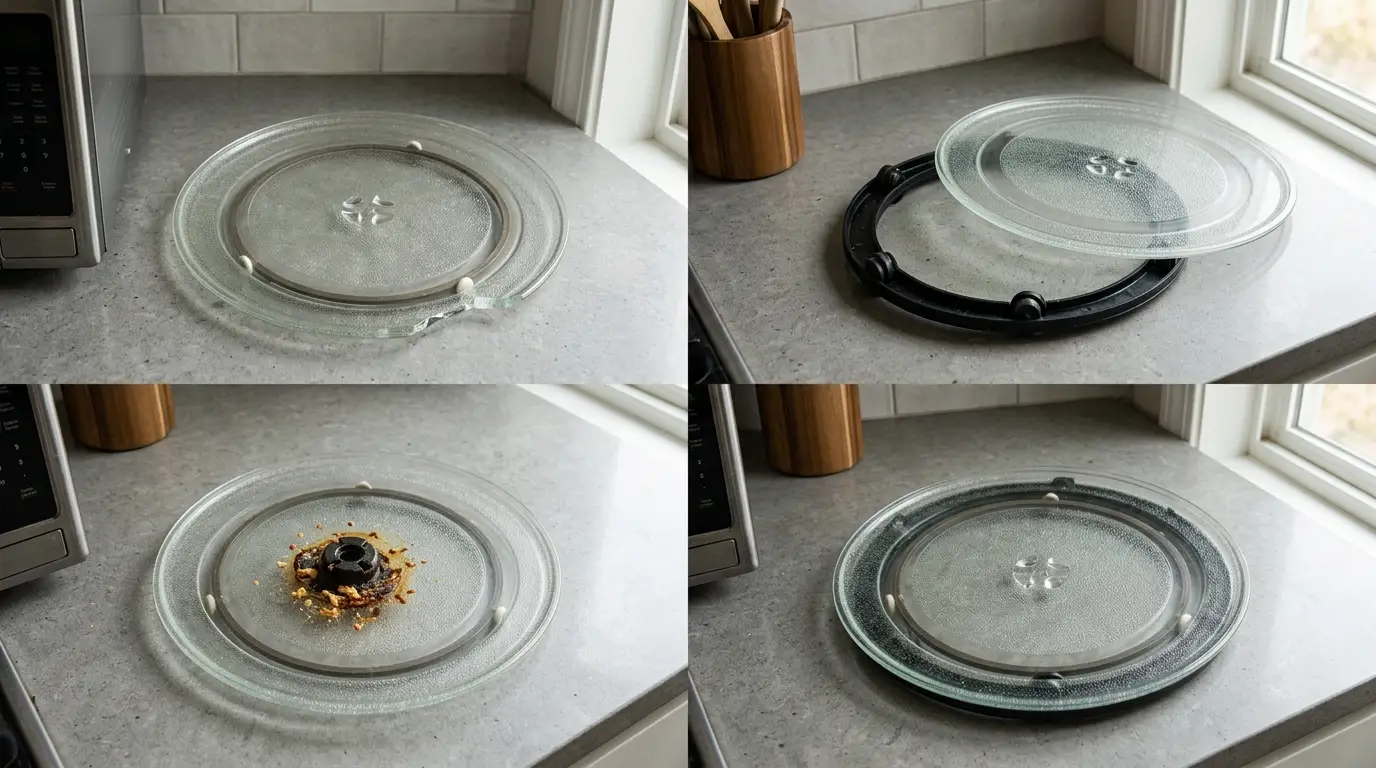 Microwave turntable components compared with a chipped tray, misaligned roller ring, dirty coupler, and correctly seated replacement tray.