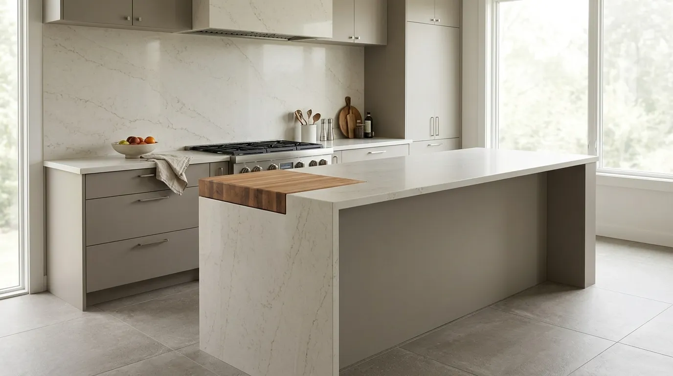 Modern kitchen layout showing the sink, cooktop, refrigerator, island, and clear preparation and walking areas