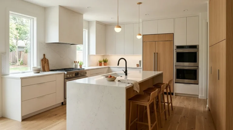 Modern American kitchen featuring sleek cabinets, a spacious island, layered lighting, and durable countertops