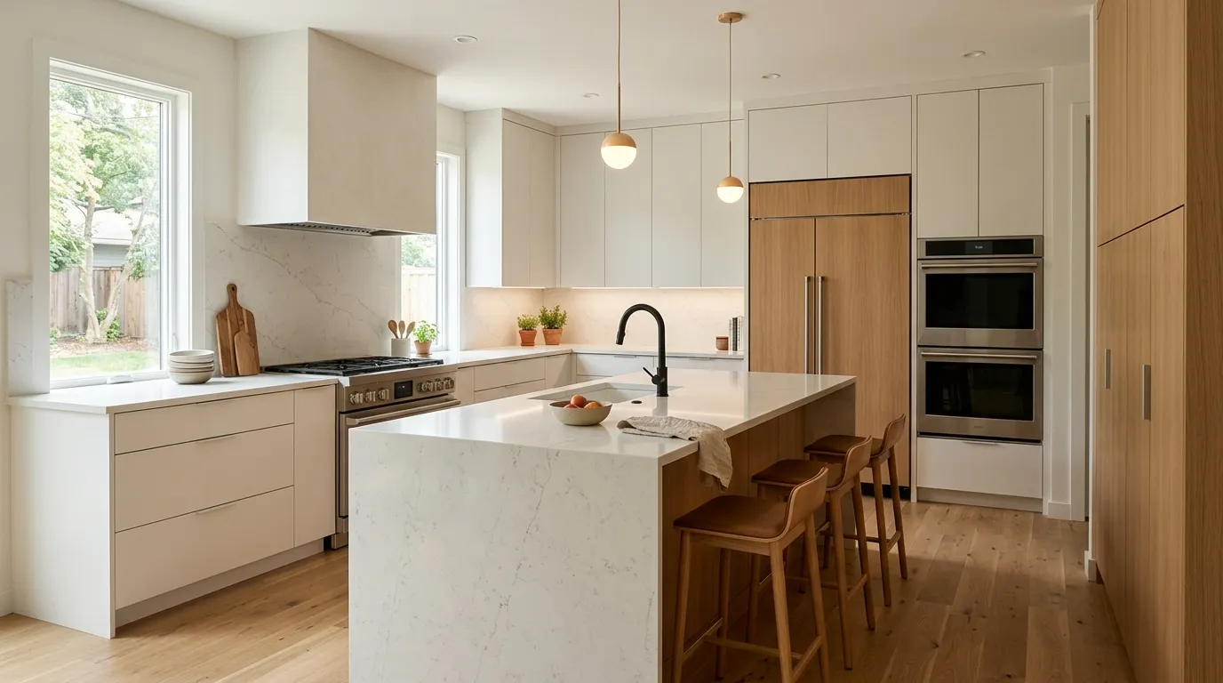 Modern American kitchen featuring sleek cabinets, a spacious island, layered lighting, and durable countertops