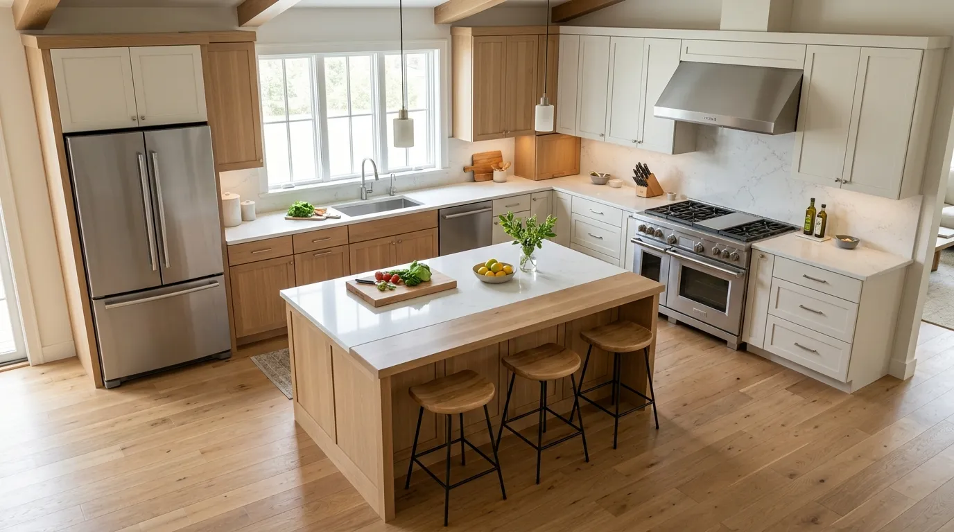 Modern kitchen featuring quartz countertops, a simple tile backsplash, matte cabinets, and durable flooring