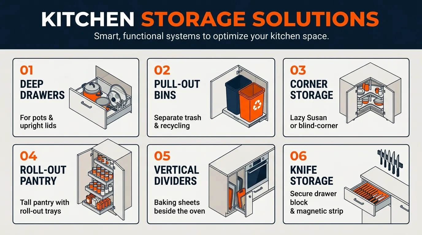 Kitchen storage infographic illustrating deep drawers, pull-out waste bins, corner storage, pantry trays, and vertical baking-sheet dividers