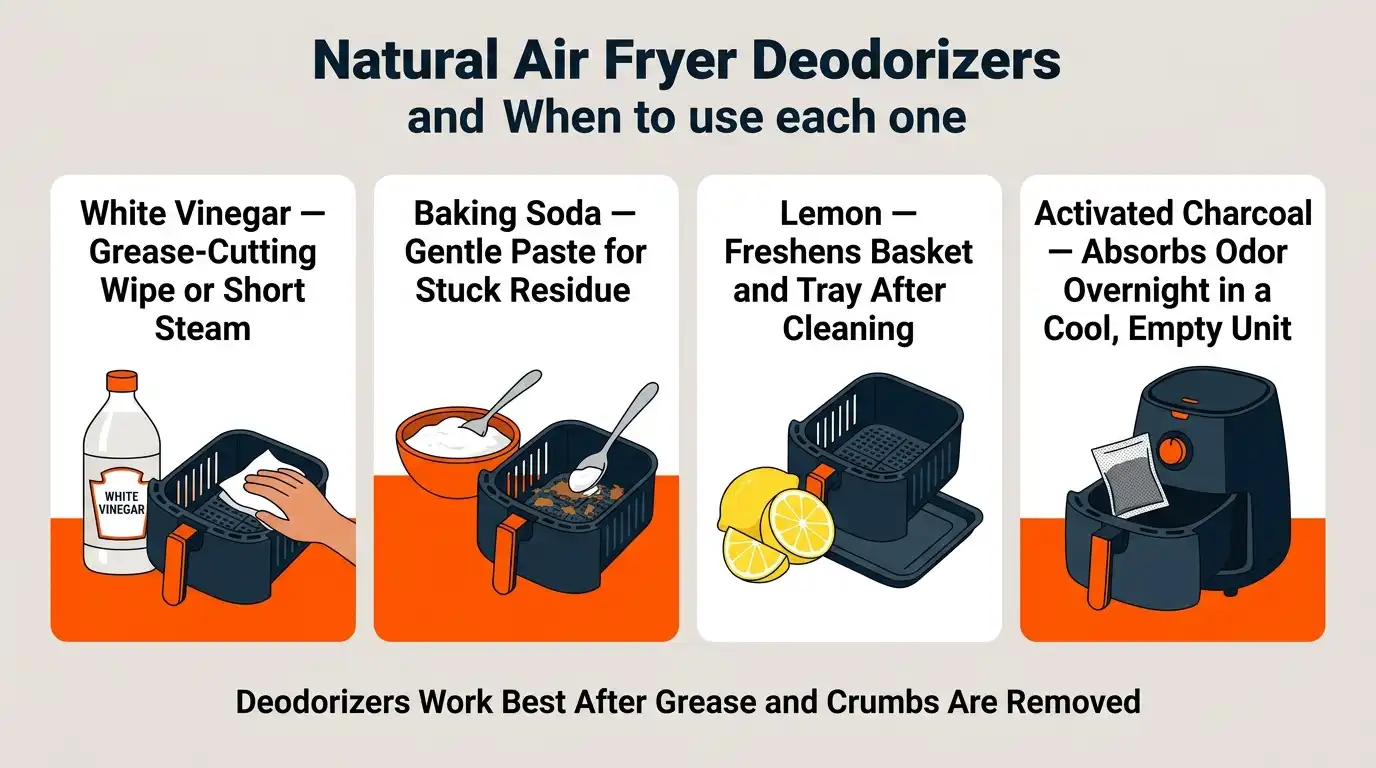 A comparison of white vinegar, baking soda, lemon, and activated charcoal for removing air fryer odors.