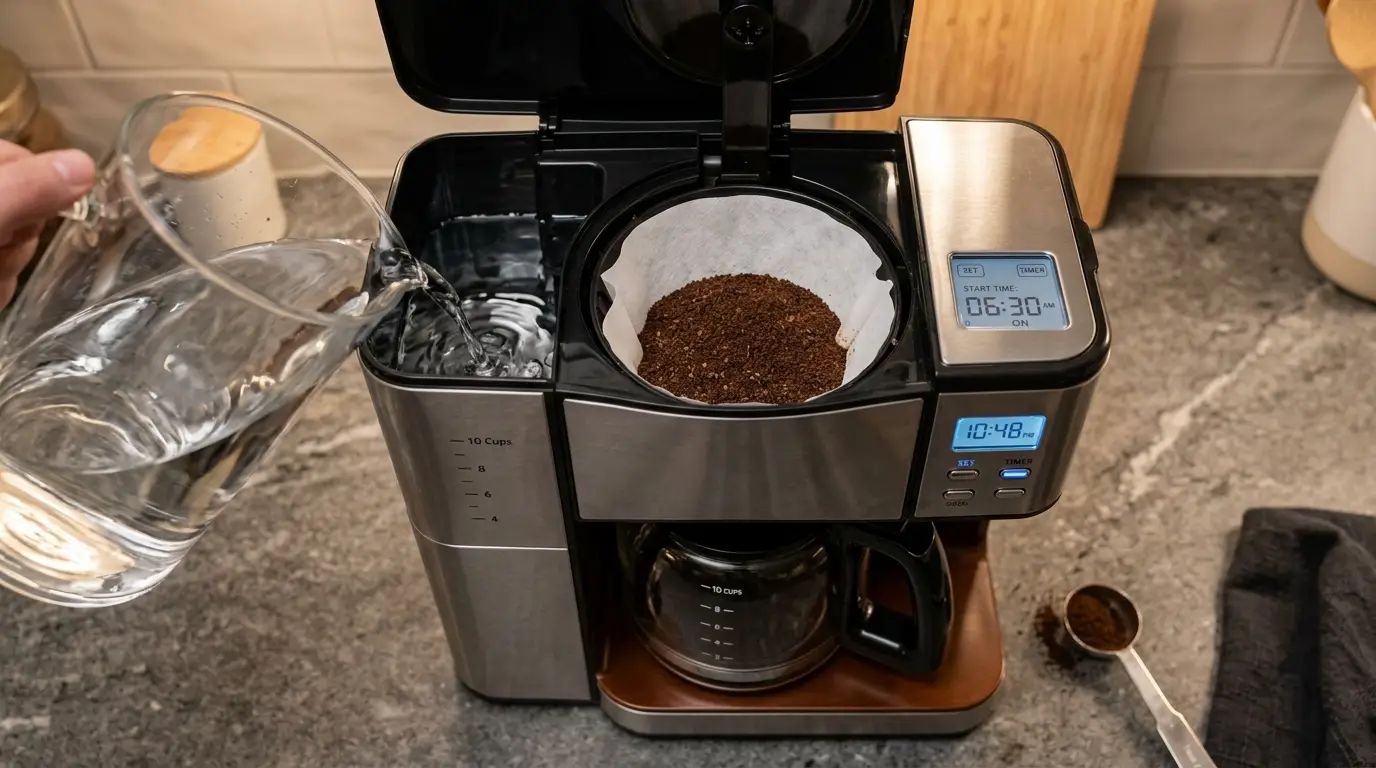 A coffee maker prepared at night with fresh water, measured grounds, a clean carafe, and the timer activated for morning.