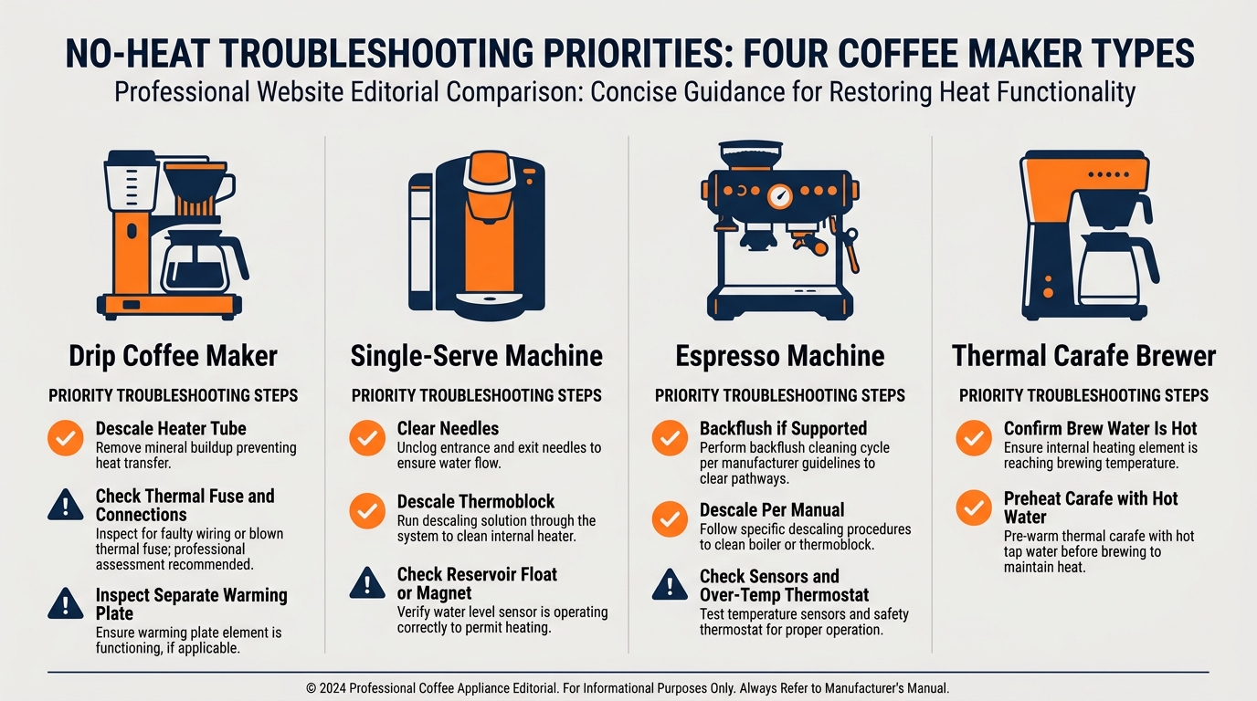 A comparison of common heating checks for drip, single-serve, espresso, and thermal-carafe coffee makers.