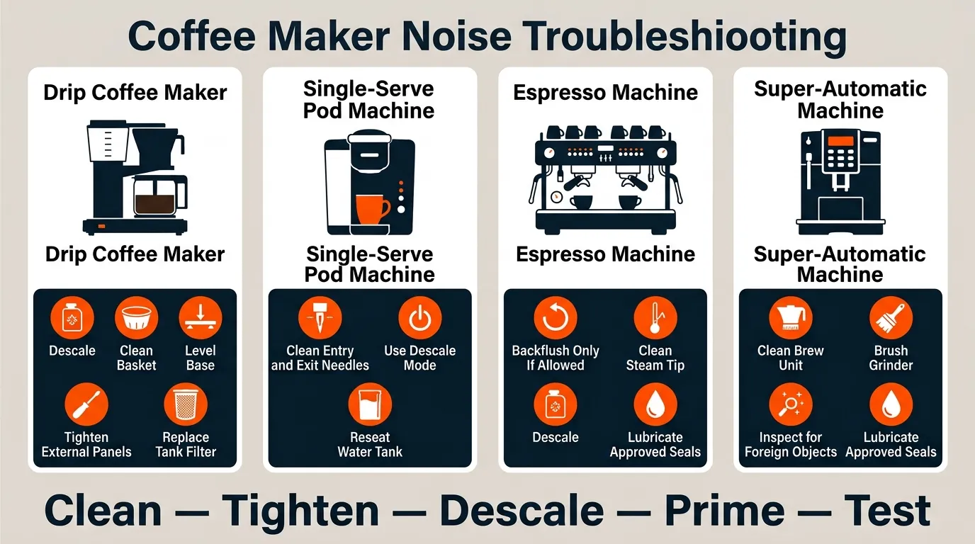 A guide showing common noise causes and fixes for drip, single-serve, espresso, and super-automatic coffee machines.