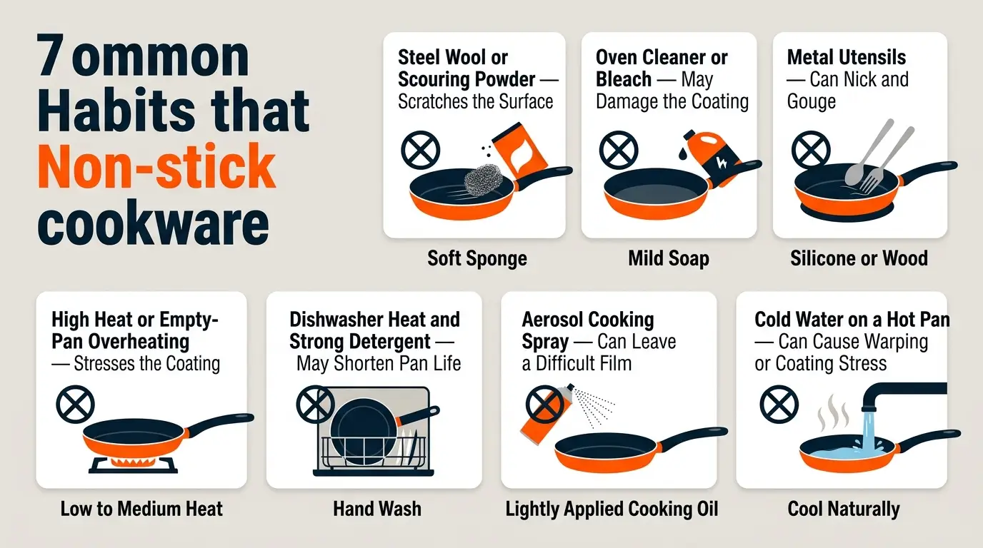 An infographic warning against steel wool, harsh chemicals, metal utensils, extreme heat, dishwashers, cooking sprays, and thermal shock.