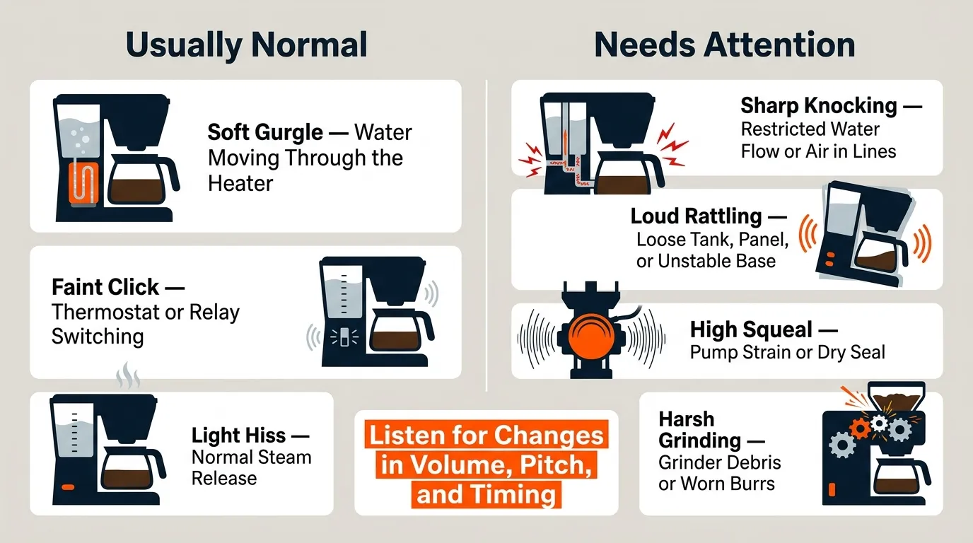 An infographic comparing normal coffee maker gurgles, clicks, and hisses with warning sounds such as knocking, rattling, squealing, and grinding.