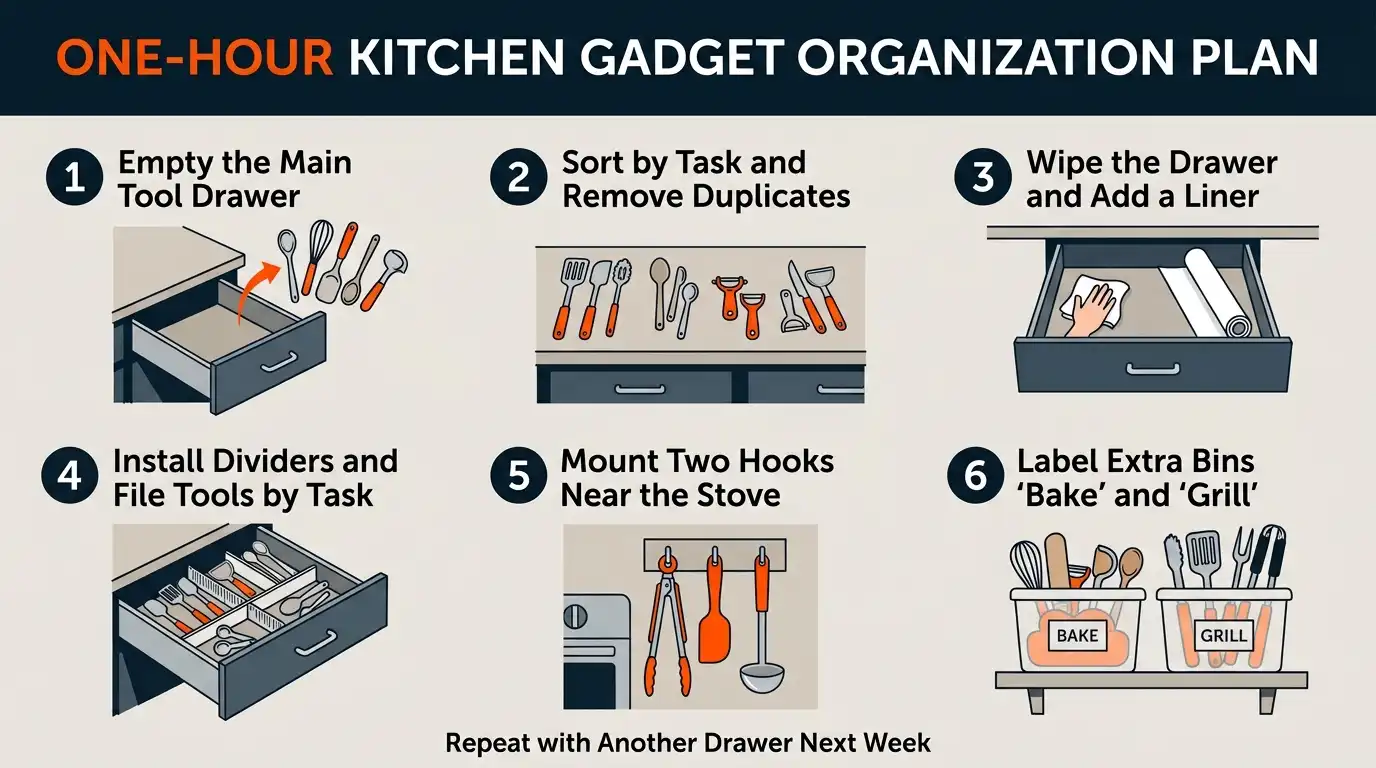 A six-step plan for emptying, sorting, cleaning, dividing, hanging, and labeling kitchen gadget storage.