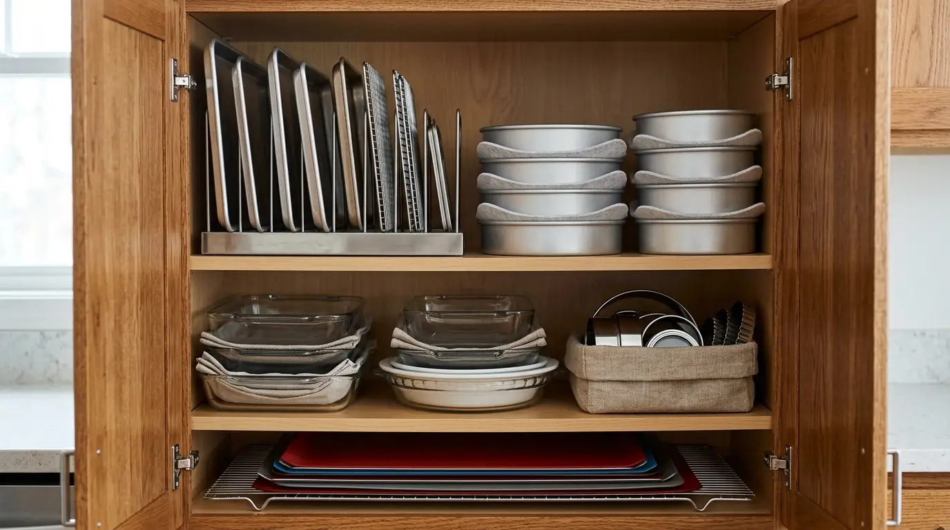 Baking sheets stored vertically while stacked pans are separated with protectors and silicone mats lie flat.