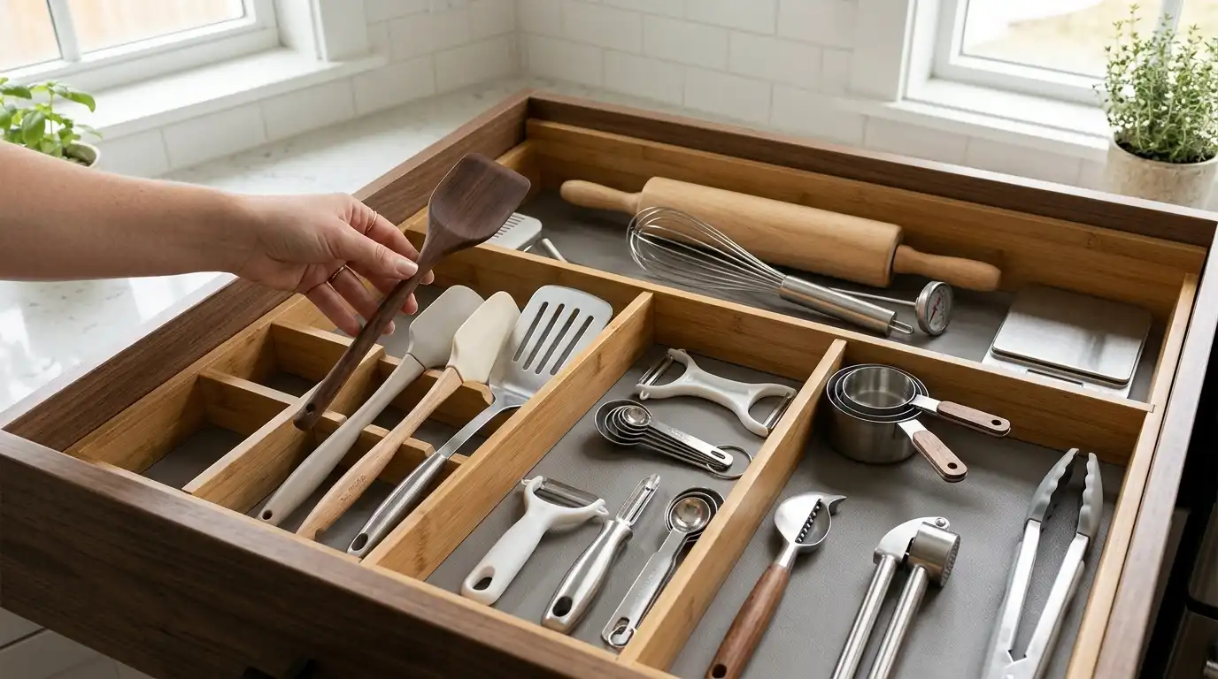 A kitchen drawer organized with adjustable dividers, non-slip liner, and flat utensils stored upright by task.
