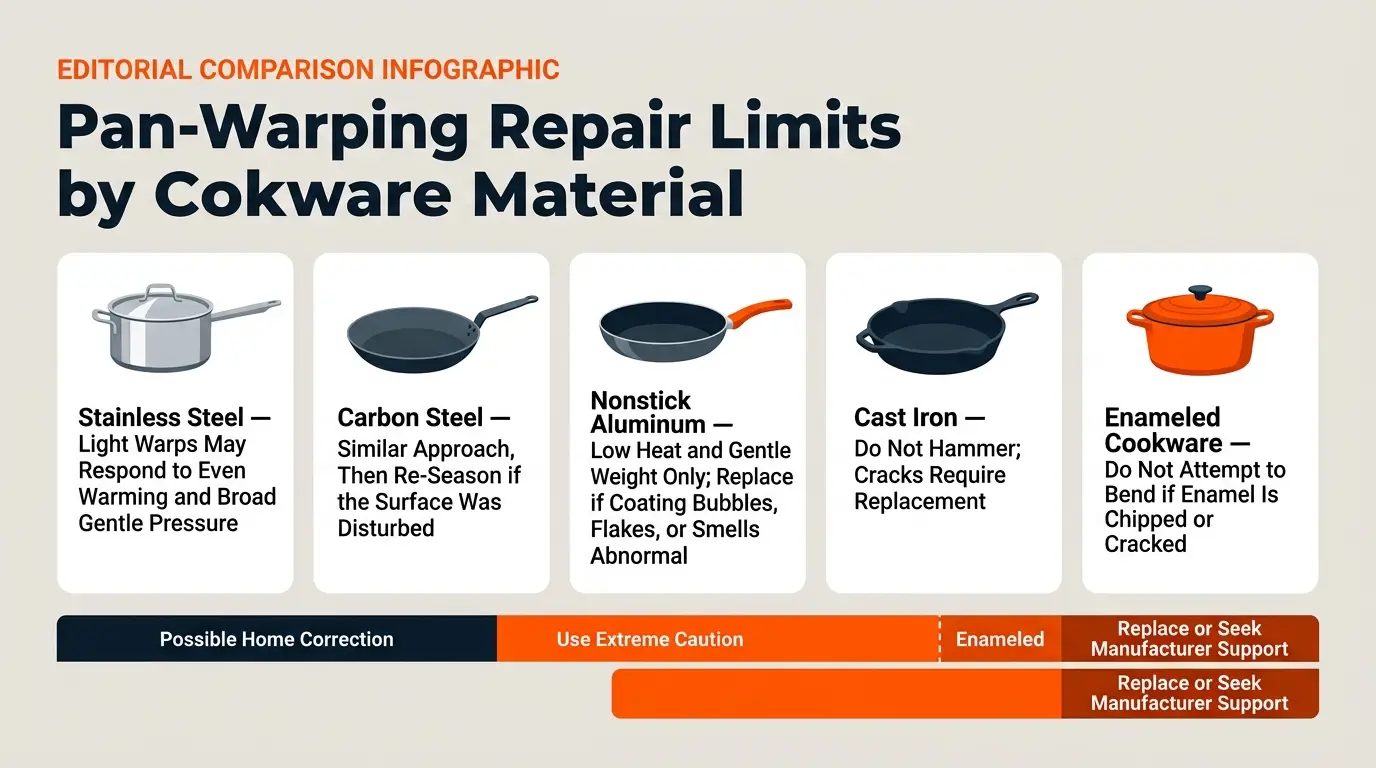 A comparison of repair approaches and safety limits for stainless steel, carbon steel, nonstick aluminum, cast iron, and enameled cookware.