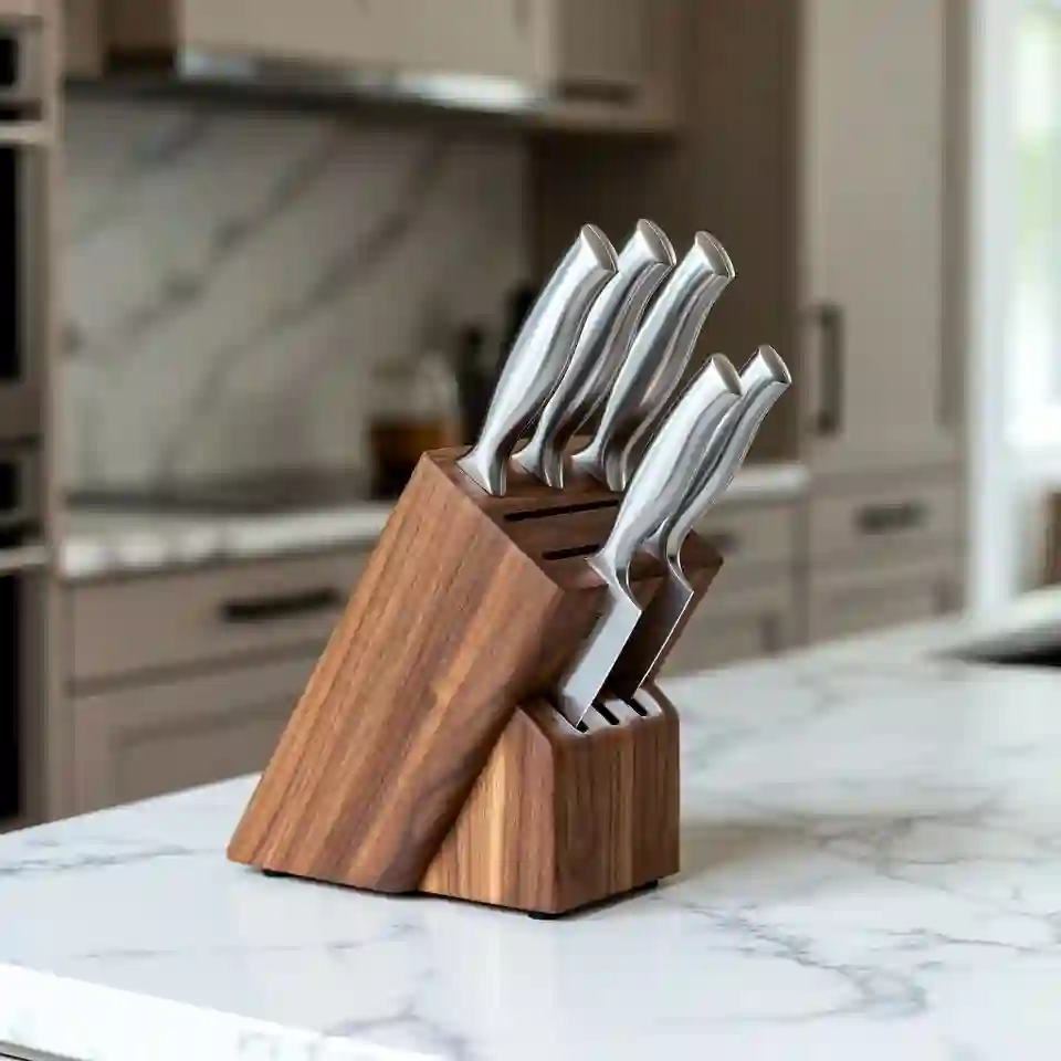 Premium kitchen knife set with chef knives in a wooden knife block