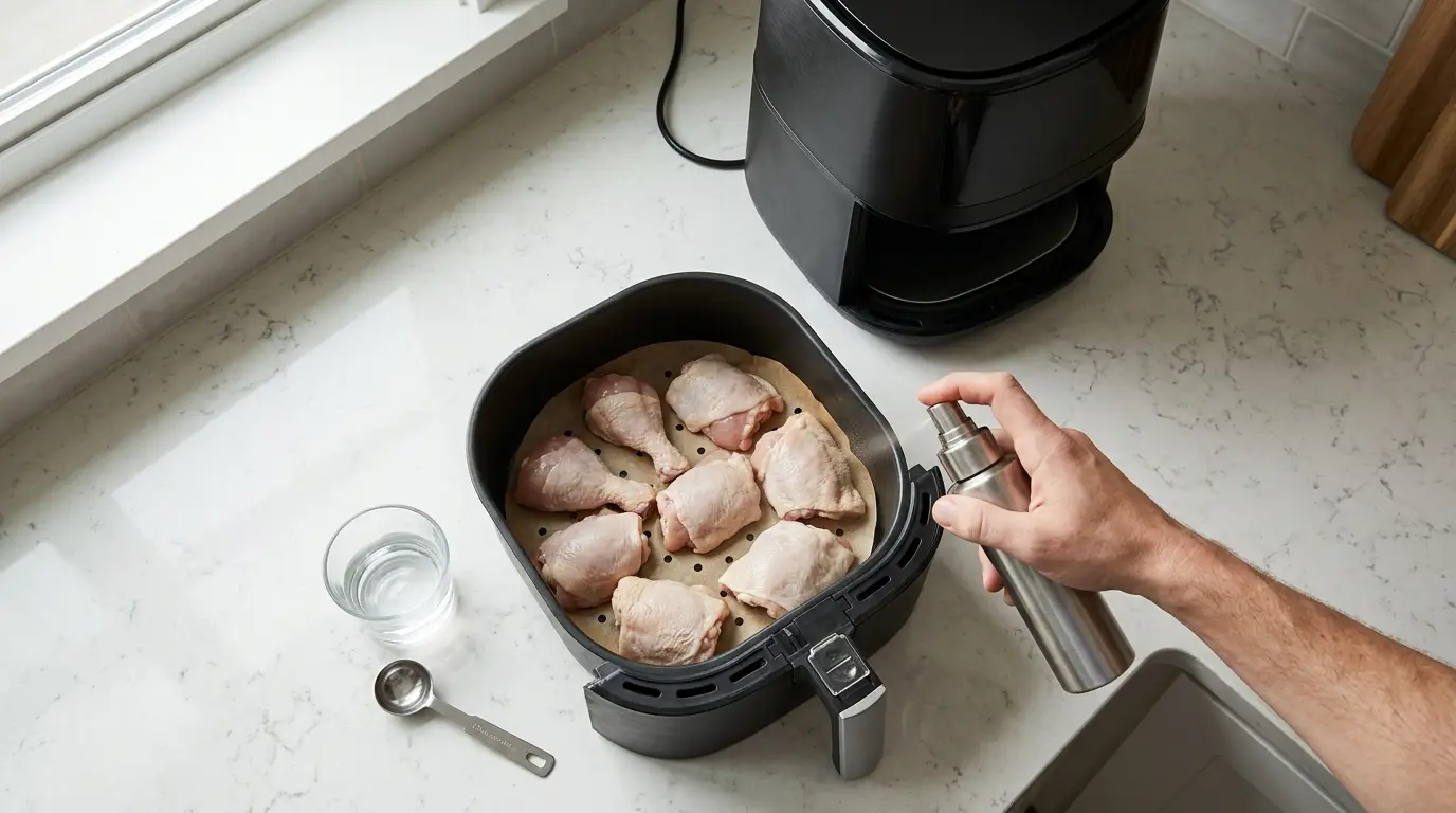 Lean trimmed meat, a pump oil mister, a perforated liner, and a small amount of water prepared beside an uncrowded air fryer basket.
