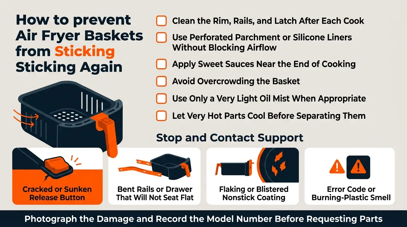 A checklist showing routine cleaning, correct liner use, late sauce application, proper food loading, cooling, and warning signs requiring replacement or support.