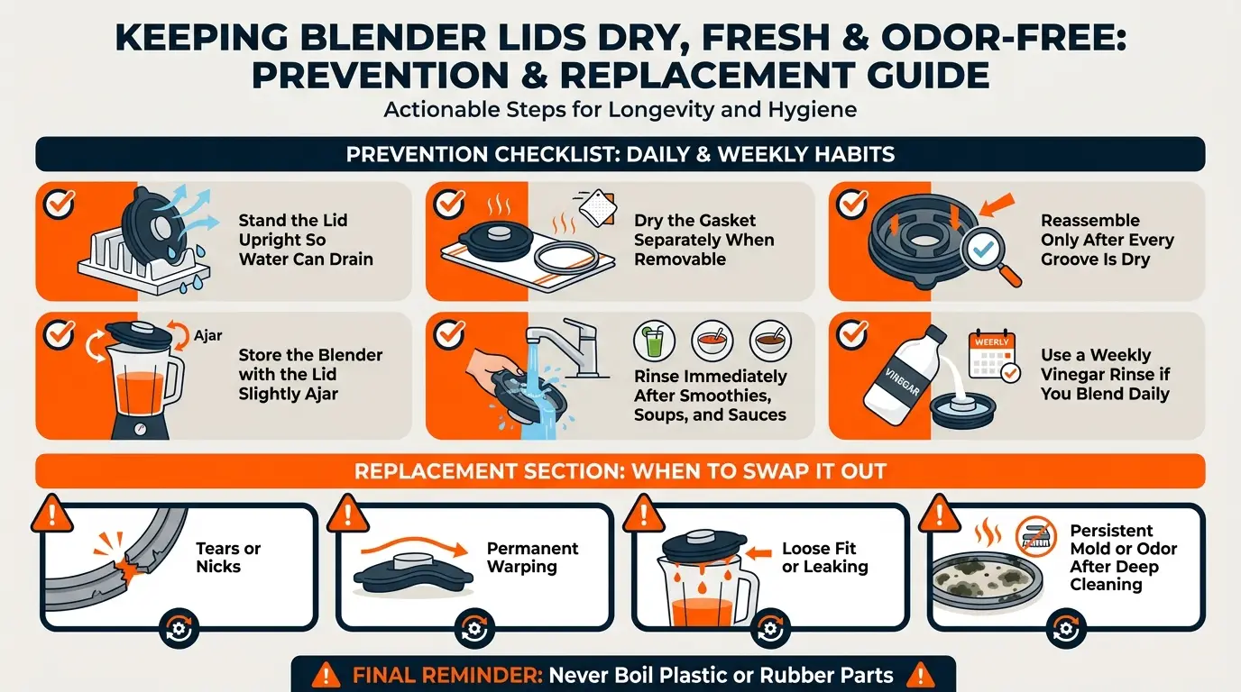 A checklist showing upright drying, separate gasket drying, open storage, weekly vinegar rinses, and replacement signs for damaged seals.