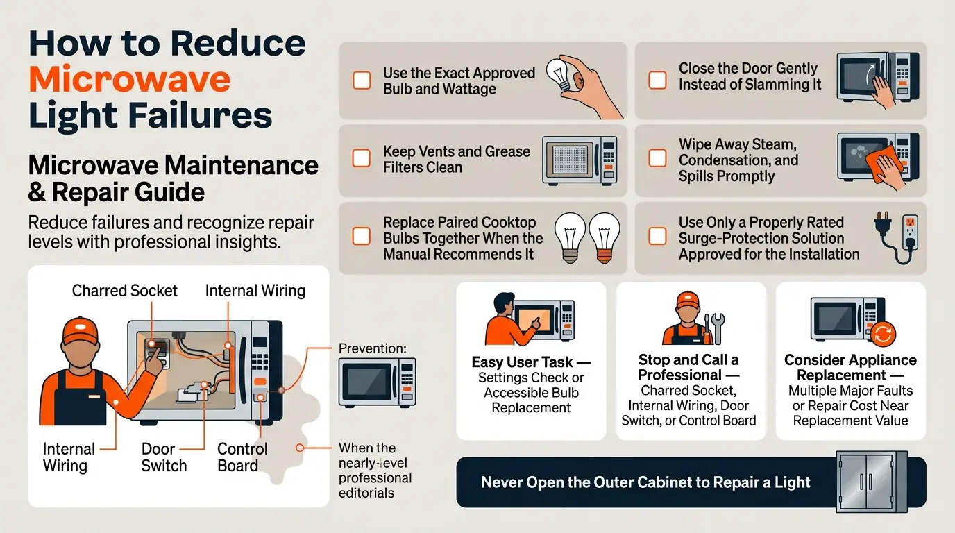 A microwave care checklist showing correct bulbs, clean vents, gentle door use, moisture control, surge protection, and signs requiring professional repair.