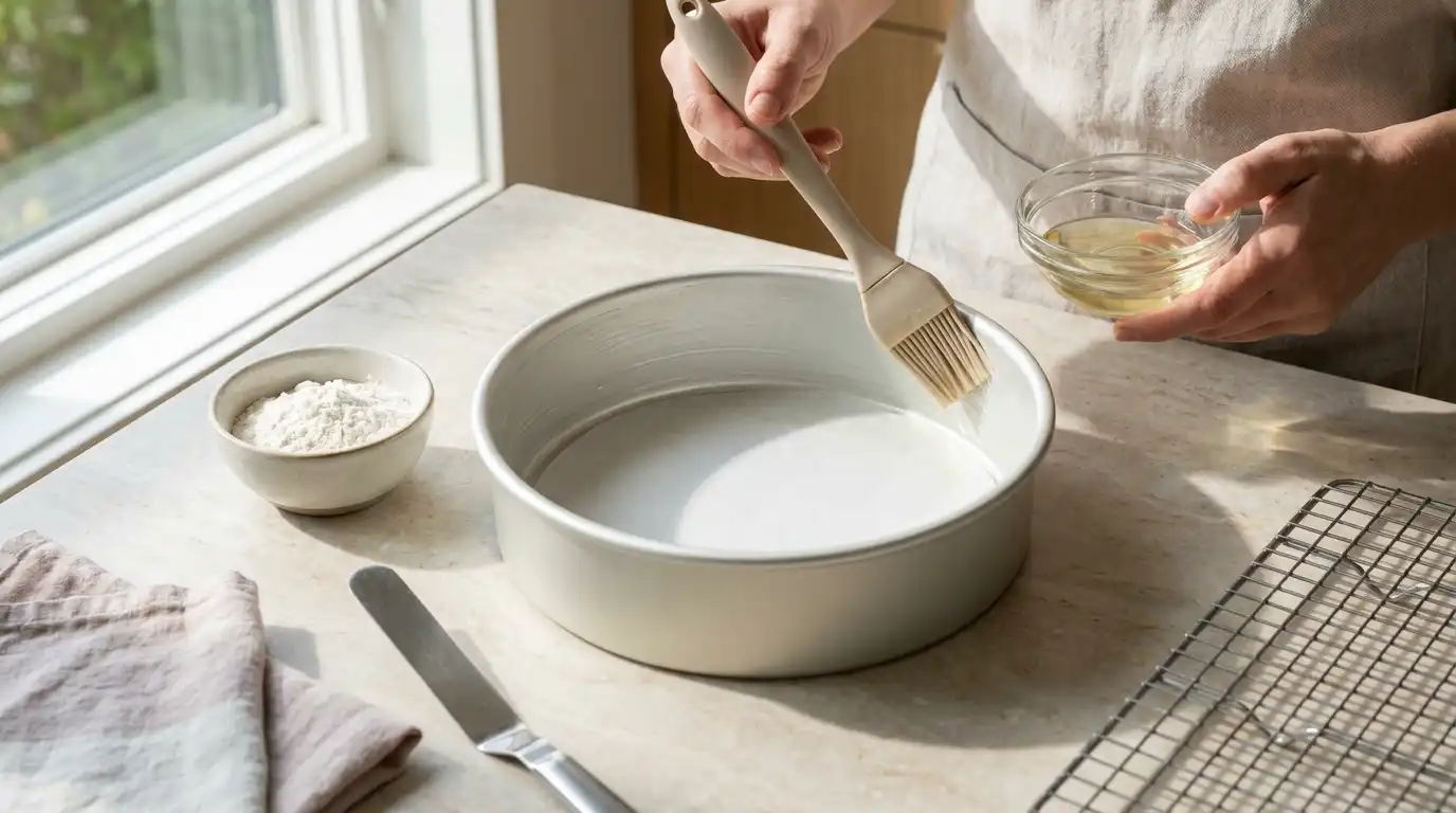 A cake pan being prepared with parchment, grease, and flour beside baking tools in a bright home kitchen.