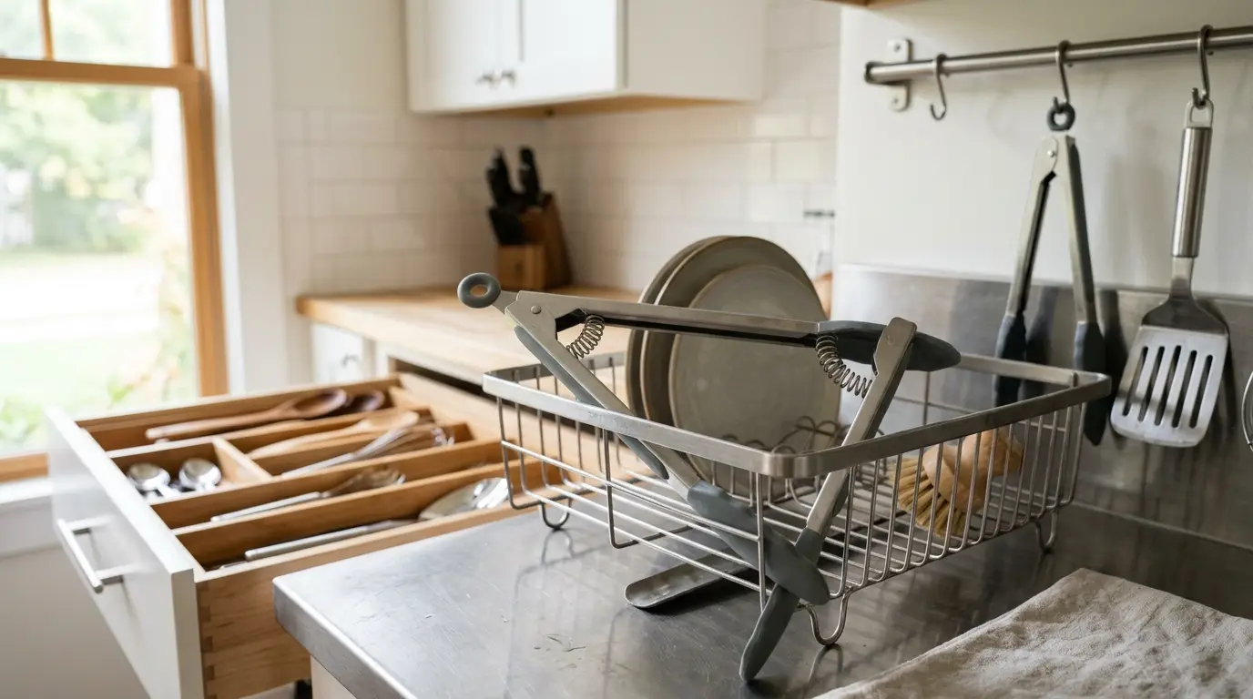 Clean kitchen tongs drying open on a rack with additional pairs hanging neatly in a dry storage area.
