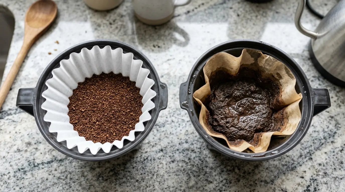 A correctly seated paper filter filled with medium-ground coffee beside a collapsed filter containing overly fine grounds.